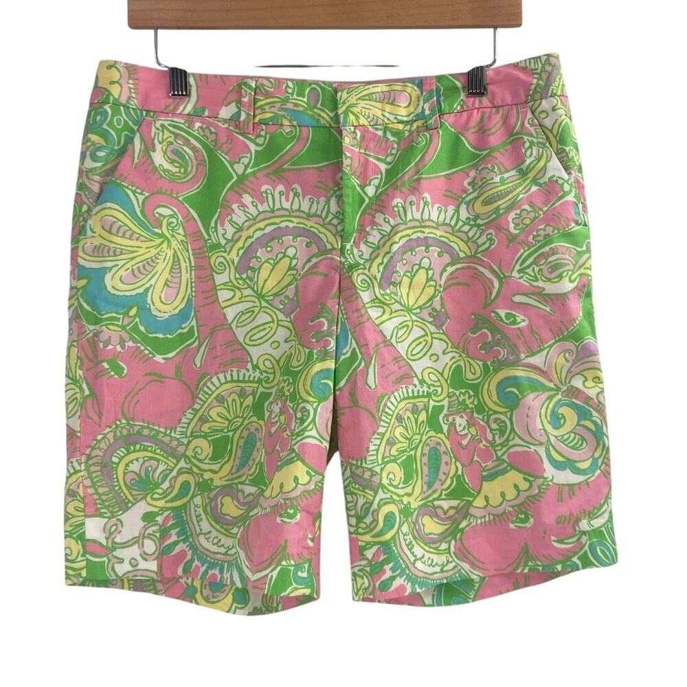 Lilly Pulitzer Avenue Bermuda Cotton Shorts Green Pink Paisley Print Women’s 8